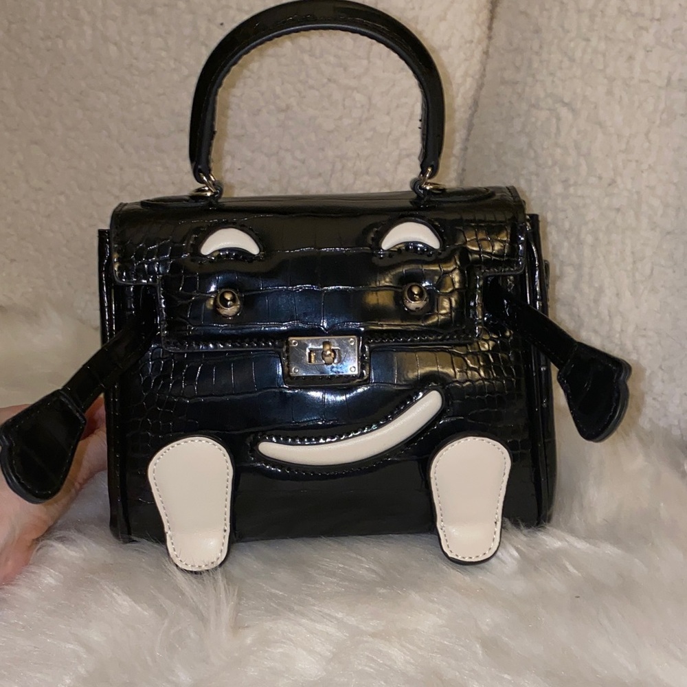 Black Satchel Handbag with White Accent - Playful Face Design